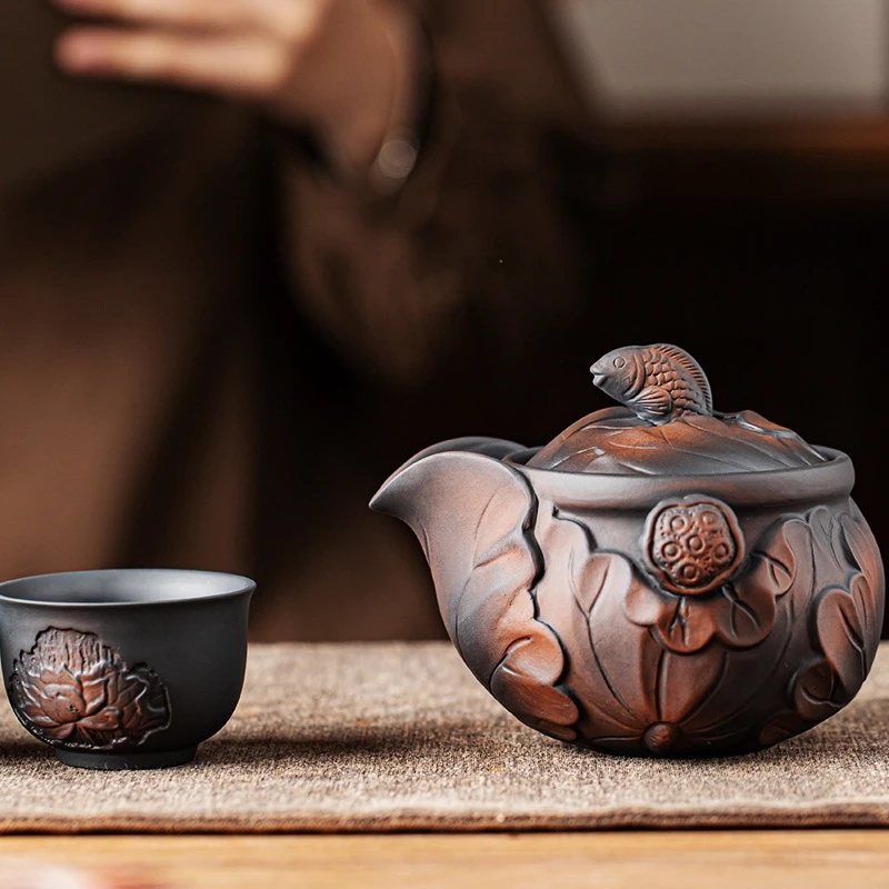 云南紫陶手抓壶大号功夫茶具套装高端壶家用防烫盖杯浮雕茶壶盖子