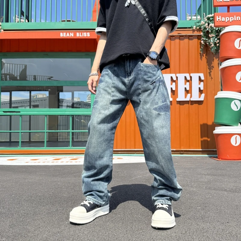 水洗牛仔裤流行新款直筒裤2025秋冬哈伦裤潮日系破坏感阔腿牛仔裤