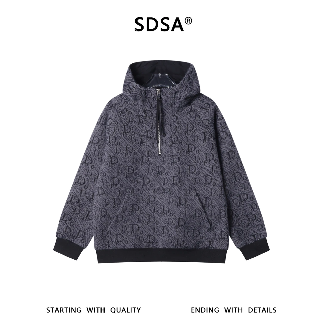 SDSA秋冬新款痞帅男装时尚细闪撞色字母半拉链立领连帽卫衣百搭