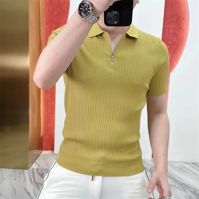 欧货轻奢短袖POLO男士针织冰丝半袖T恤拉链夏季修身纯色翻领上衣