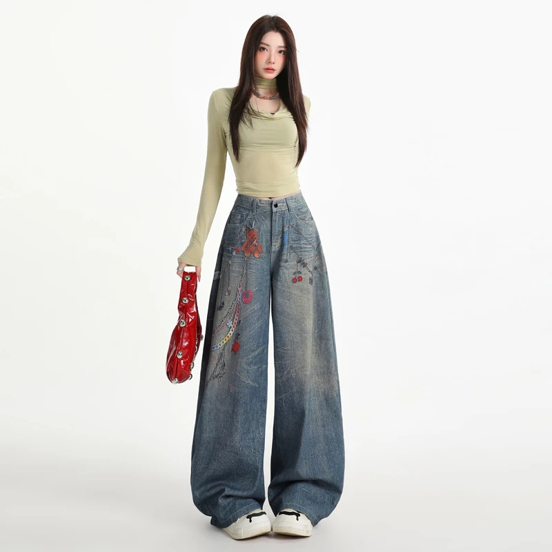 早秋新款重工数码印花弯刀裤女装牛仔裤装新款阔腿裤休闲裤