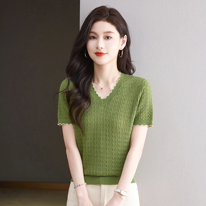 天丝莱赛尔V领短袖T恤女式夏季薄款时尚百搭宽松显瘦半袖针织上衣