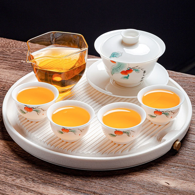 德化羊脂玉瓷三才盖碗手绘茶杯功夫茶具家用办公室泡茶碗陶瓷精品