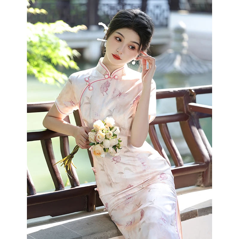 108-绿粉色旗袍2024新款夏季改良新中式少女气质连衣裙年轻款
