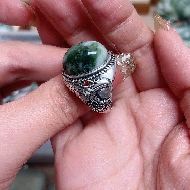 透闪石-蛇纹石玉戒指银S925镶嵌