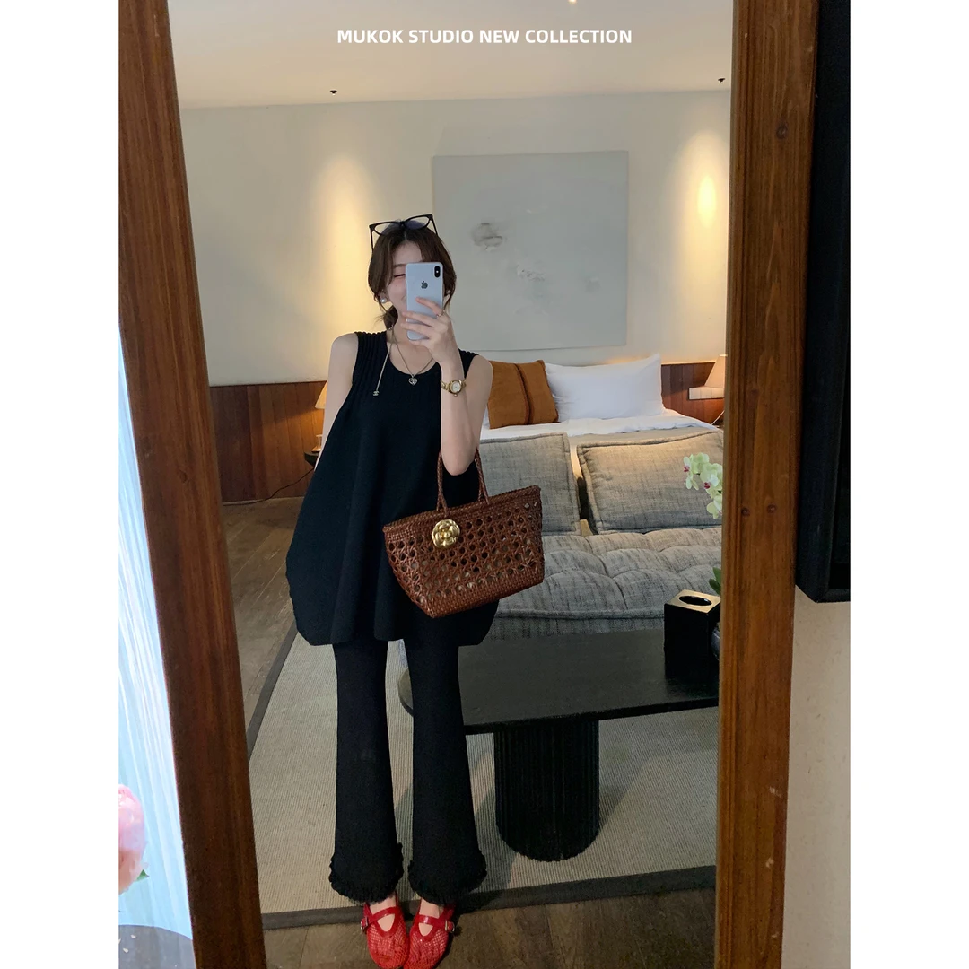 MUKOK  日系骨感针织无袖背心裙+高弹荷叶边显瘦高弹微喇裤套装
