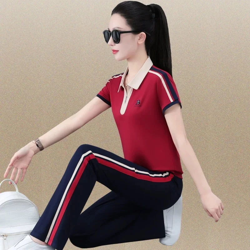 高级冰丝短袖运动套装女夏洋气妈妈polo衫宽松翻领休闲服两件8650