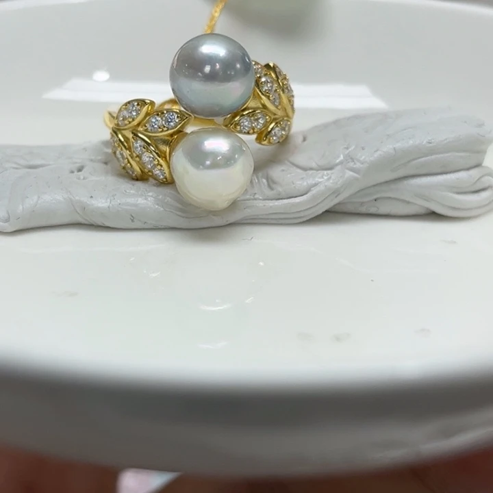 银S925镶嵌戒指海水珍珠8-9mm19号