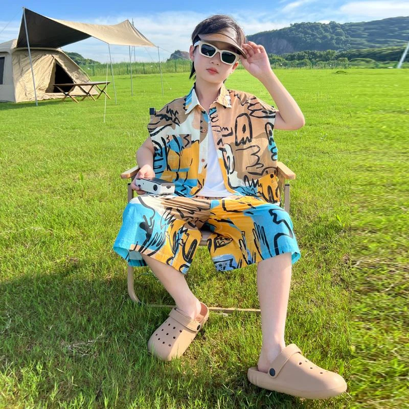 男童夏装衬衫套装2025新款儿童夏季短袖两件套大童夏款涂鸦时髦潮
