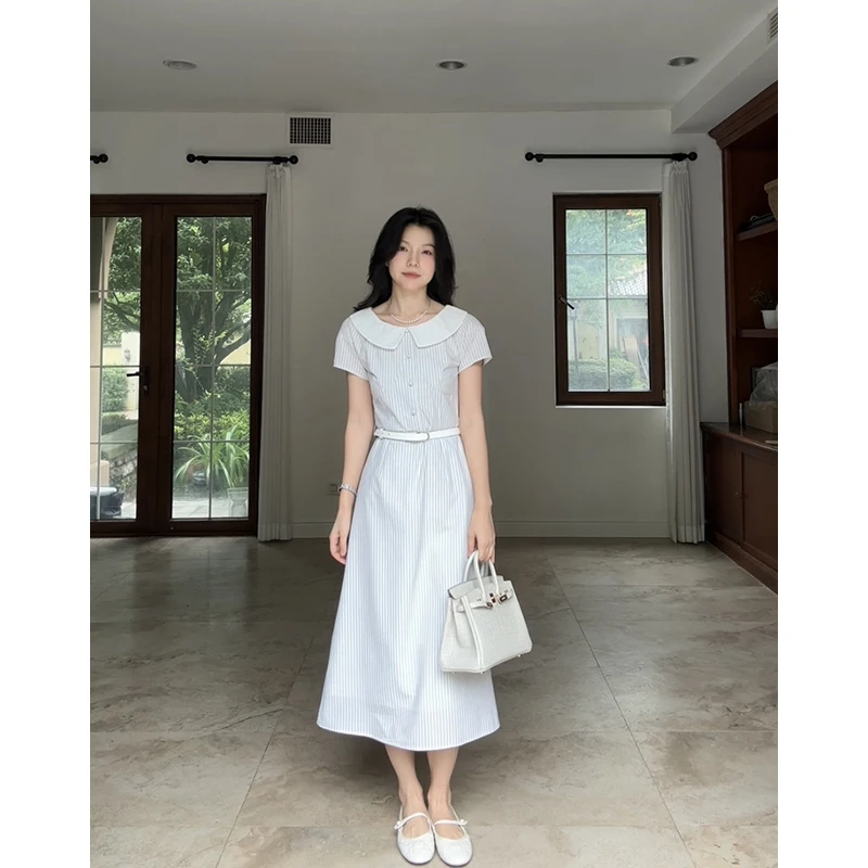 郭九九呢 亚麻棉气质复古蕾丝撞色显瘦连衣裙（送腰带） G925Q09220