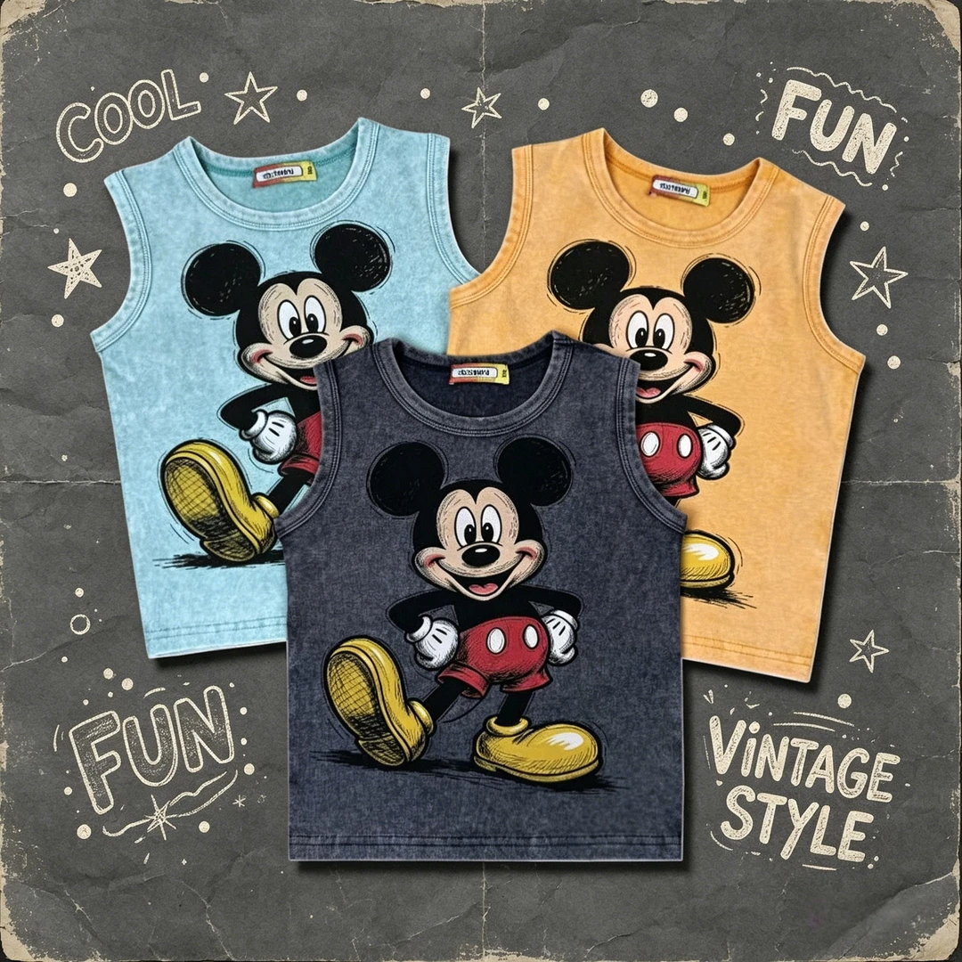 立正米奇纯棉背心夏季圆领拔印印花重工炒色砂洗做旧款砍袖T恤