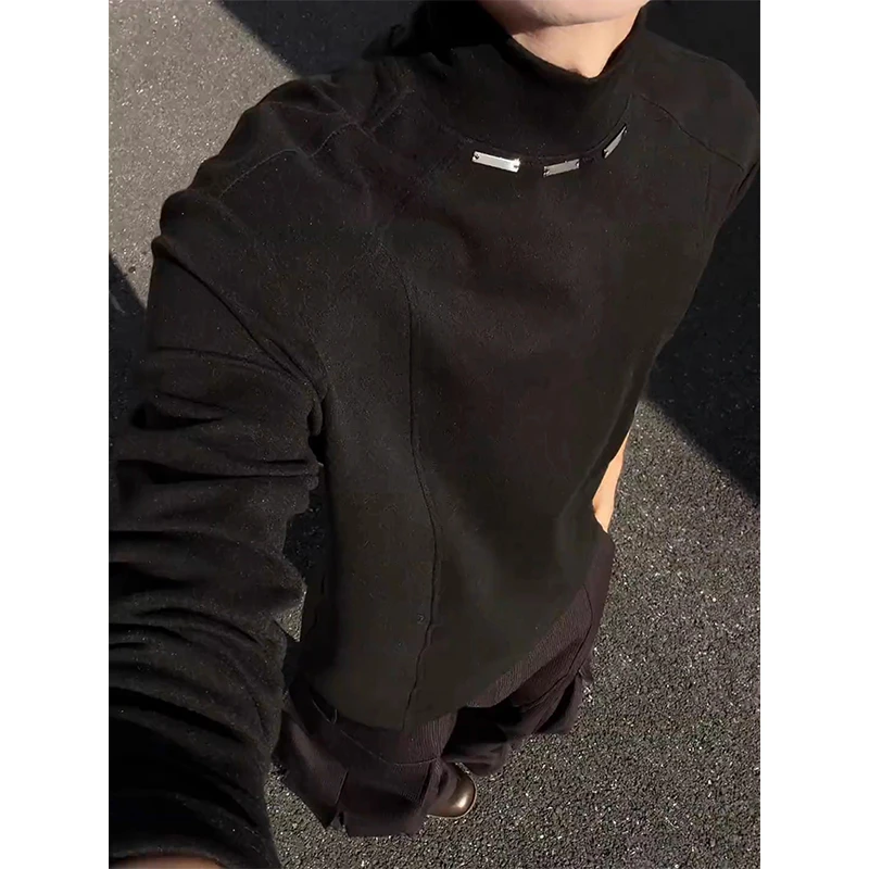 金属扣解构黑色德绒打底衫男冬季半高领长袖T恤cleanfit内搭上衣