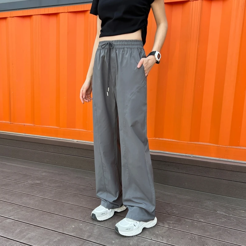 春夏百搭黑色休闲裤男女美式斜切显瘦显高微喇长裤中性风2503