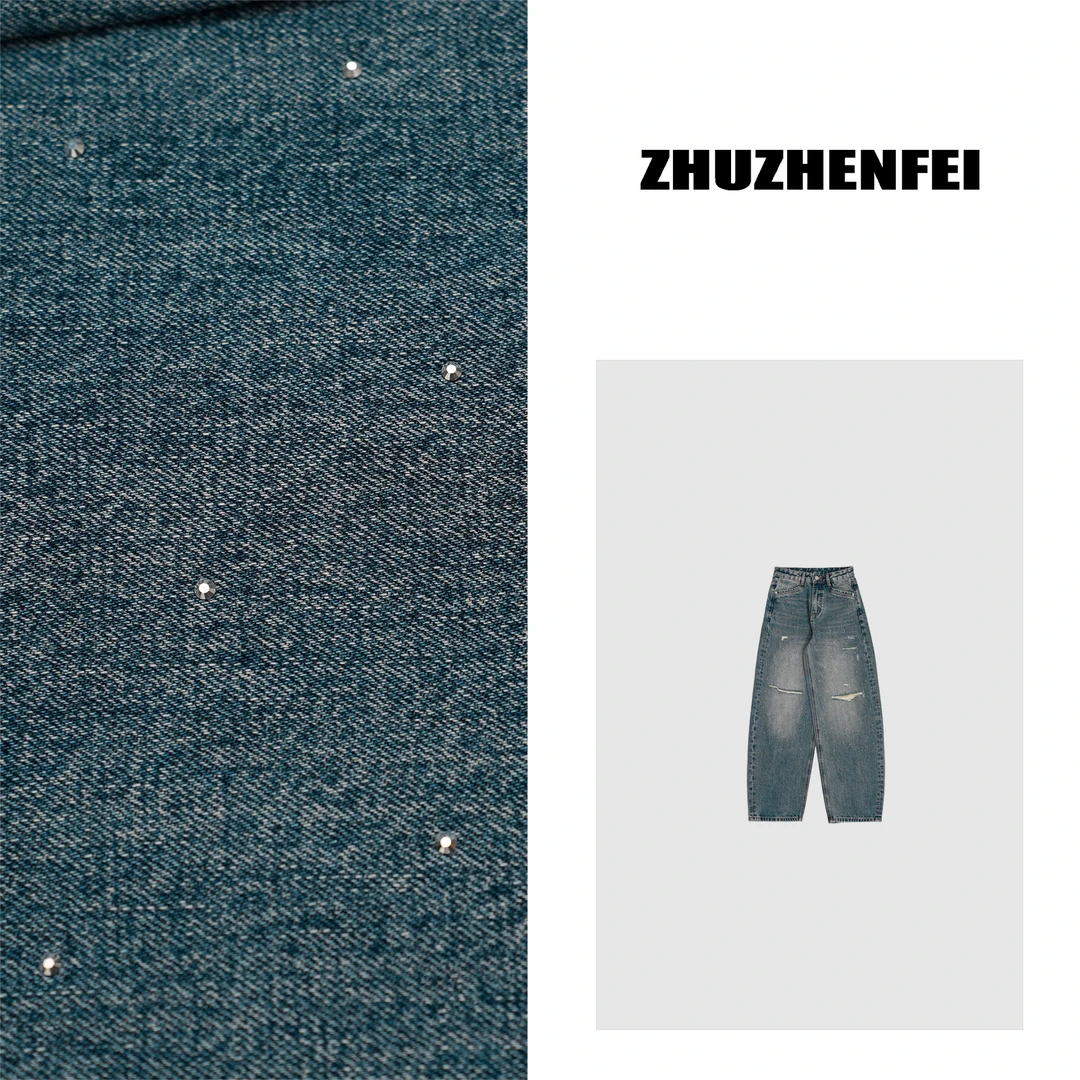 ZHUZHENFEI【蓝城旧事】水洗棉感破洞百搭显瘦弯刀牛仔裤Z352170