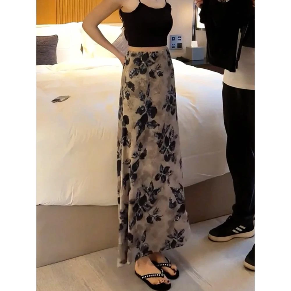 高腰显瘦垂感复古优雅字长裙年夏季新款气质休闲印花半身裙