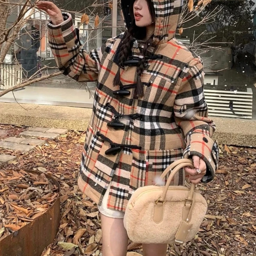 95新 BURBERRY/博柏利 卡其色格纹单排扣连帽大衣外套s码/yz245