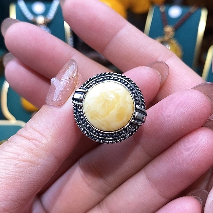 蜜蜡戒指银S925镶嵌欧式