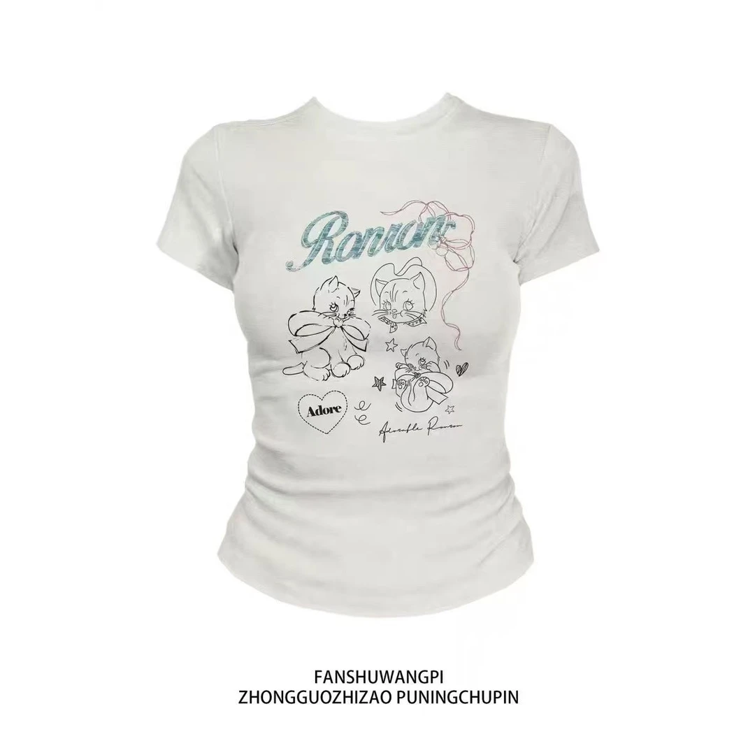 美式正肩短袖T恤女夏季修身显瘦哈基咪印花辣妹百搭打底上衣