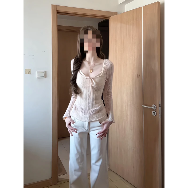 2025新款女秋季甜美温柔风粉色系带修身镂空针织衫上衣宽松阔腿裤