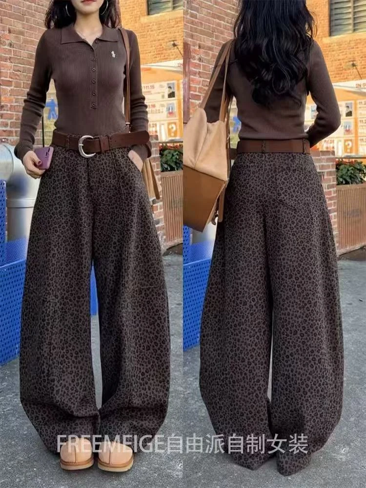 8810百搭豹纹外穿高腰加绒弯刀裤休闲裤长裤时尚阔腿裤冬季