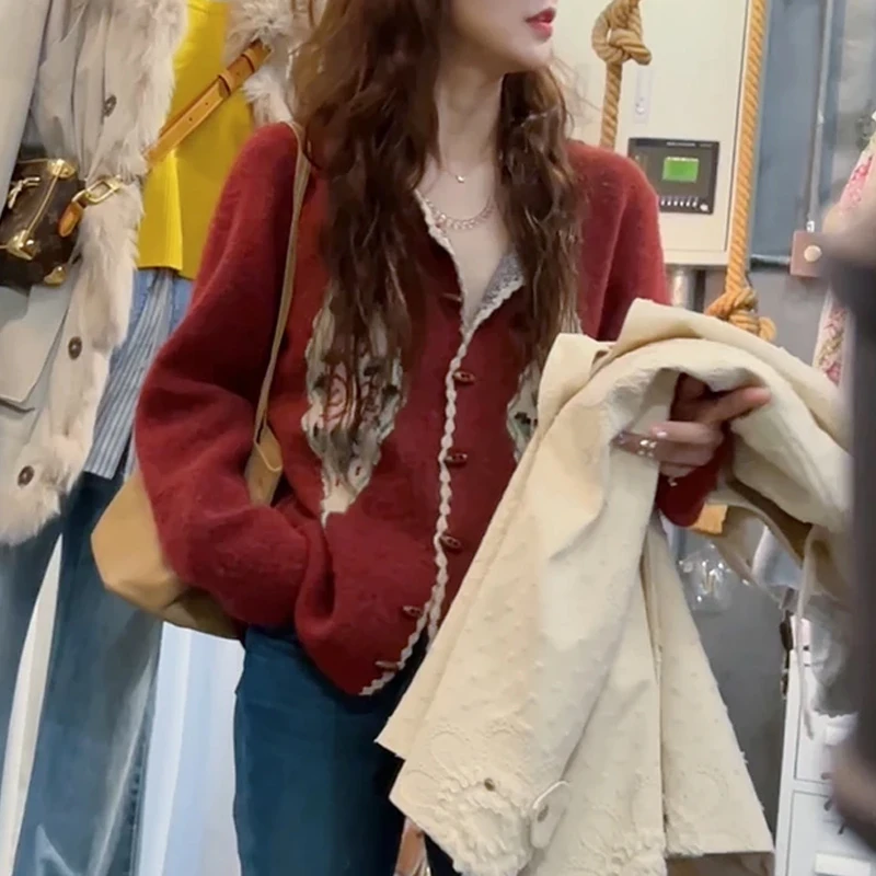 韩系复古设计感碎花嵌花牛角扣开衫毛衣小众女装洋气漂亮小衫上衣