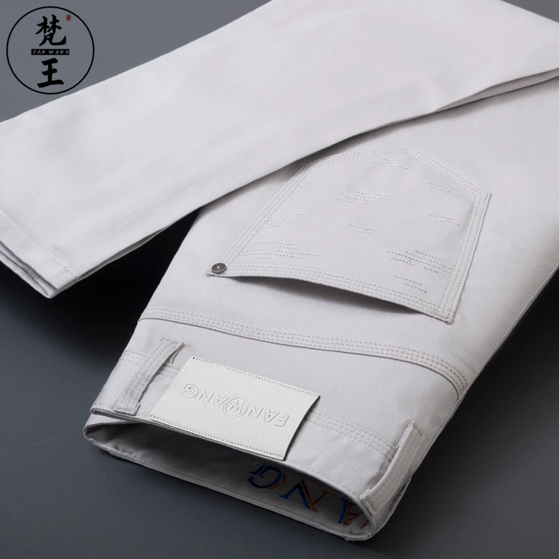 梵王夏季超薄男士牛仔裤纯色弹力修身小直筒九分裤潮流薄款长裤子