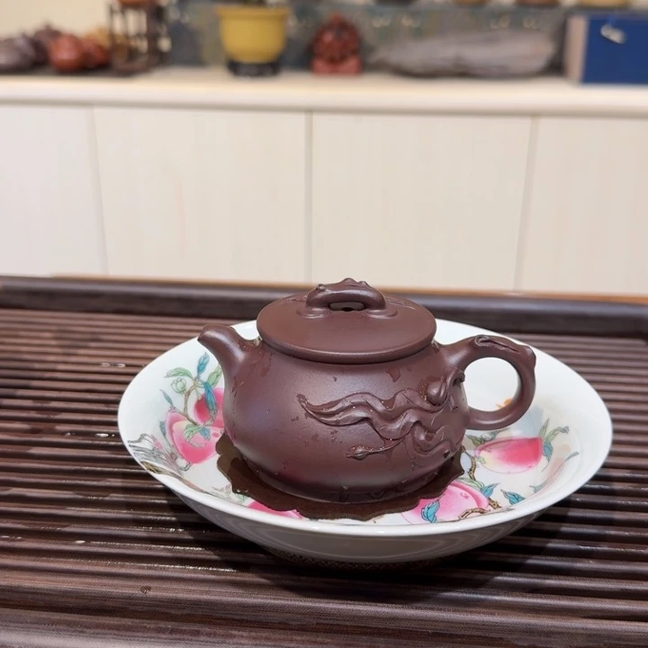 紫砂茶壶圣桃儒相老紫泥小花器
