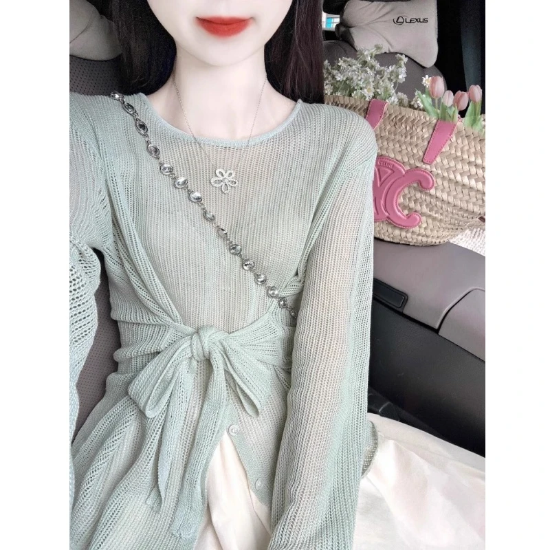 冰丝防晒衫薄款镂空罩衫上衣女外搭设计感绑带收腰针织衫夏季慵懒