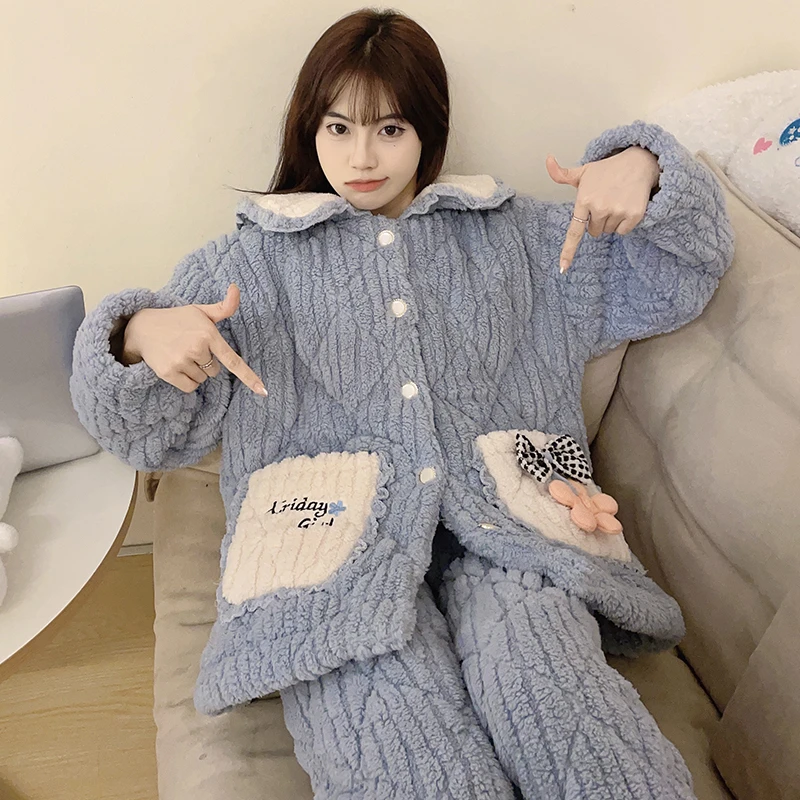 珊瑚绒睡衣女秋冬季加厚加绒三层夹棉袄法兰绒甜美可爱家居服套装