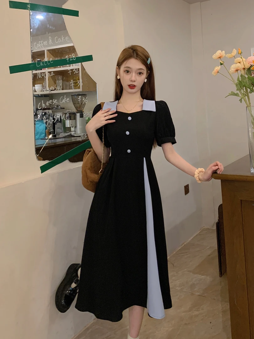 法式气质竖开哺乳口撞色拼接方领高腰遮肉显瘦孕妇哺乳连衣裙