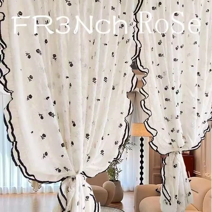 绣花黑色玫瑰纱帘法式透光不透人客厅卧室花边新款
