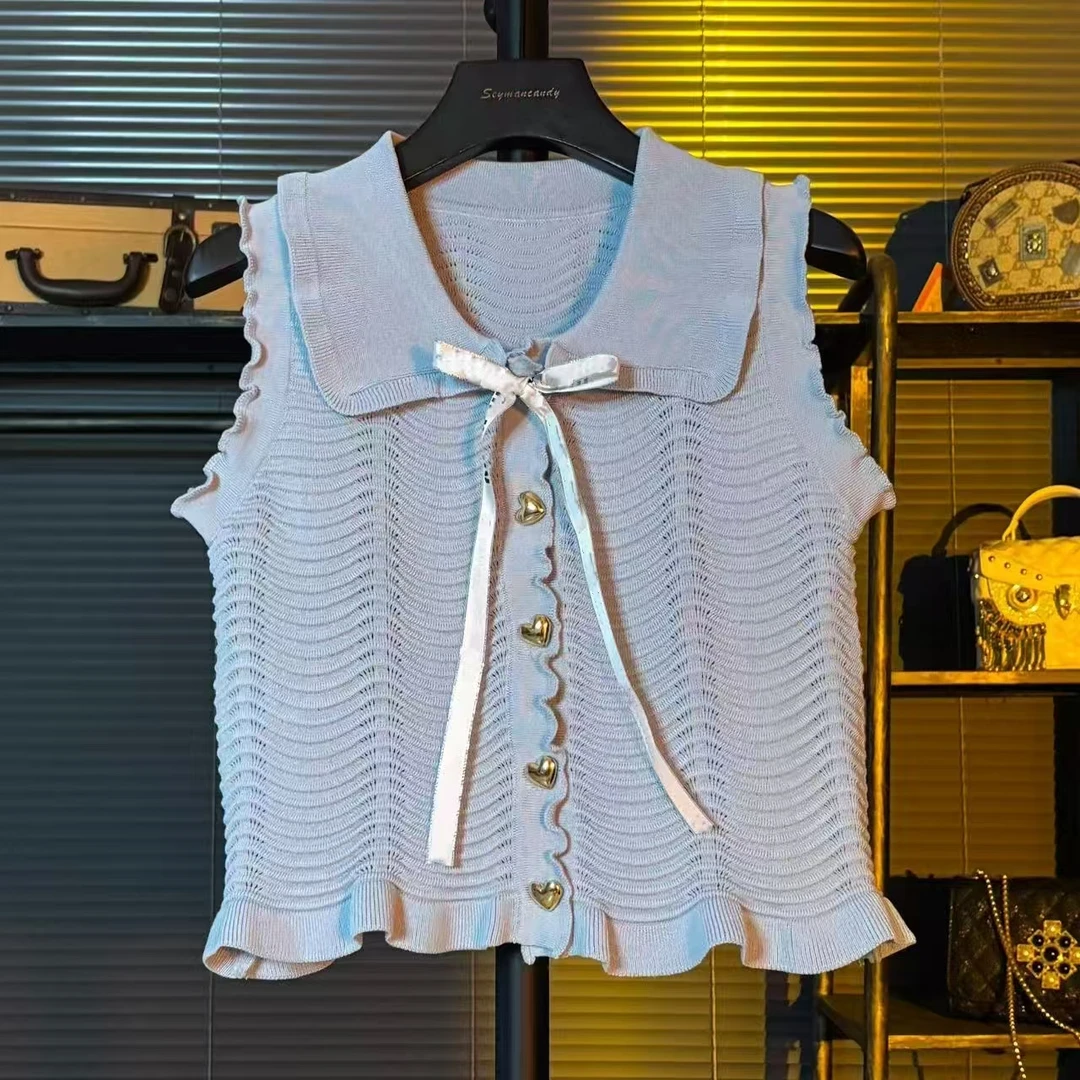 小香风荷叶边冰丝短款针织背心开衫女2025夏季新款小众设计感马甲
