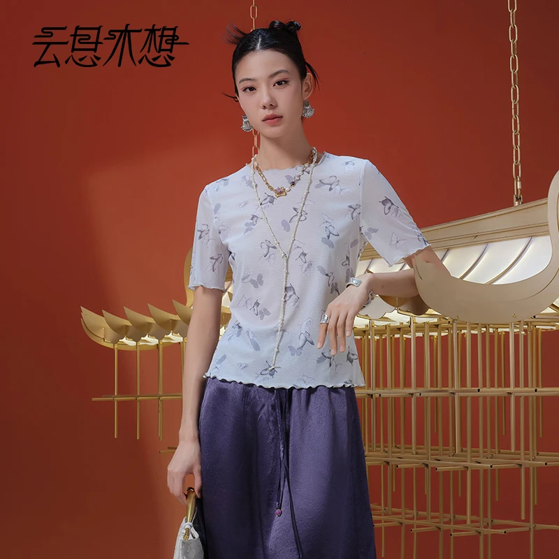 Ysimo-X云思木想 蝶戏云幔 时尚优雅数码印花波密边T恤13429