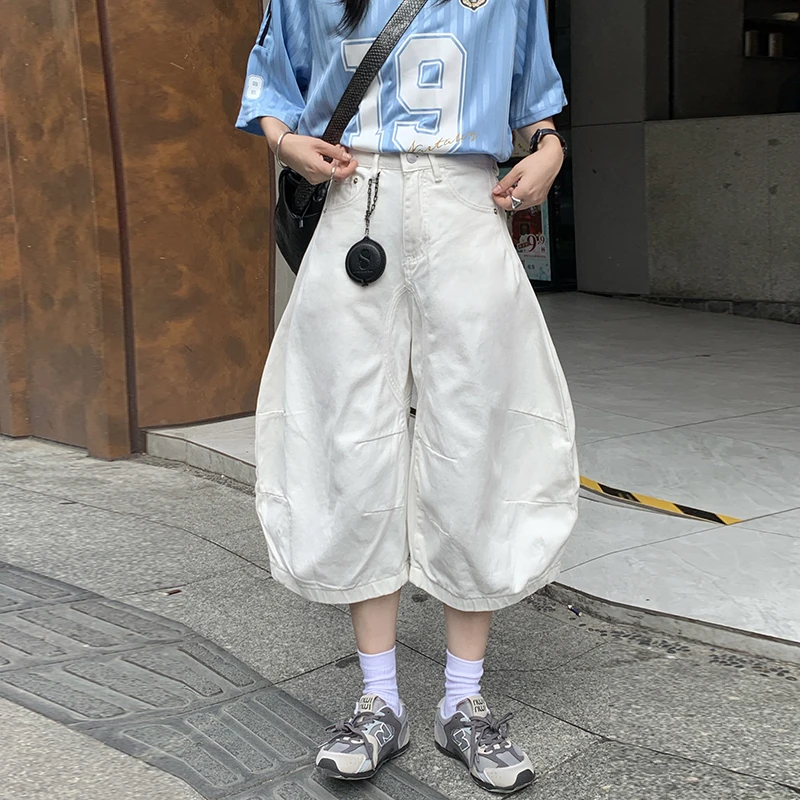 宽松百搭潮流夏季男士休闲裤美式复古立体剪裁水洗高腰阔腿弯刀七