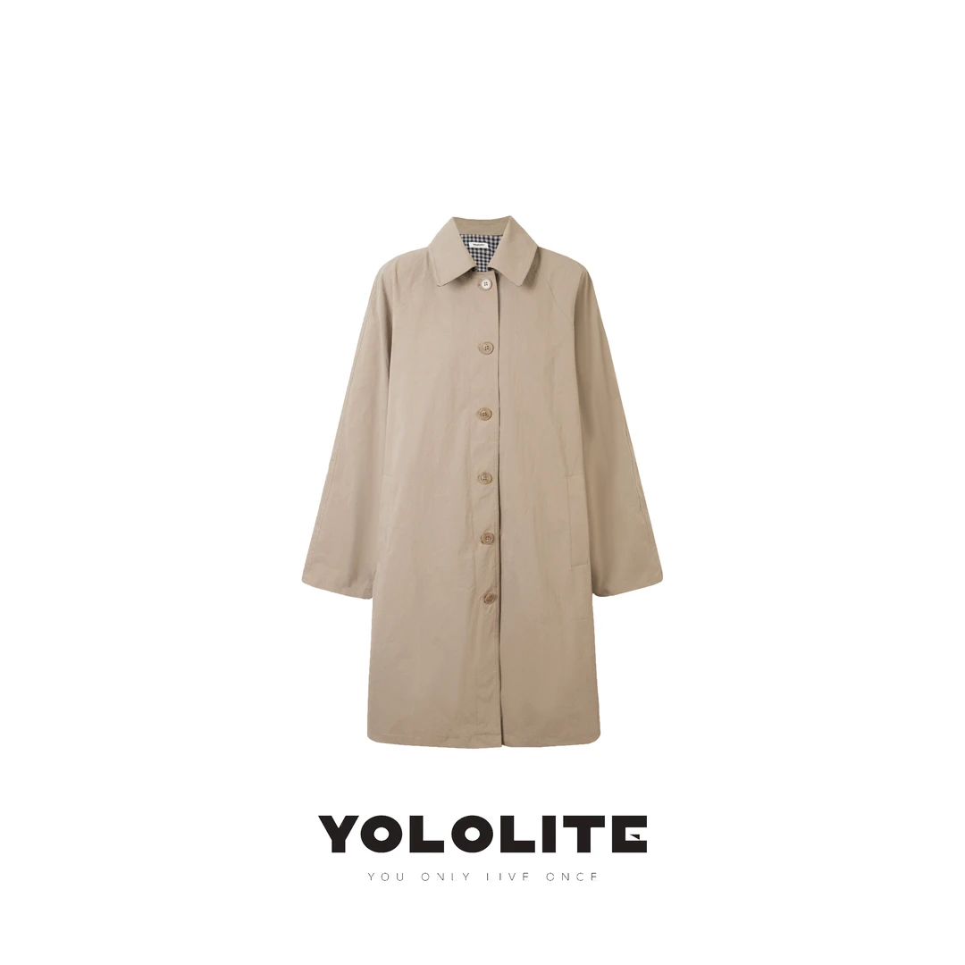 【秋风】3124新款复古拼色格纹翻领中长款翻领风衣外套