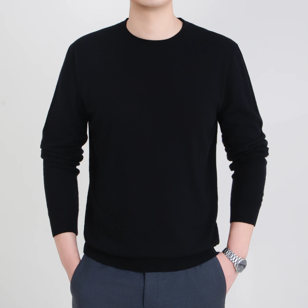 秋冬100%纯羊毛巴素兰精纺羊毛男士圆领打底纯色羊毛衫保暖打底衫