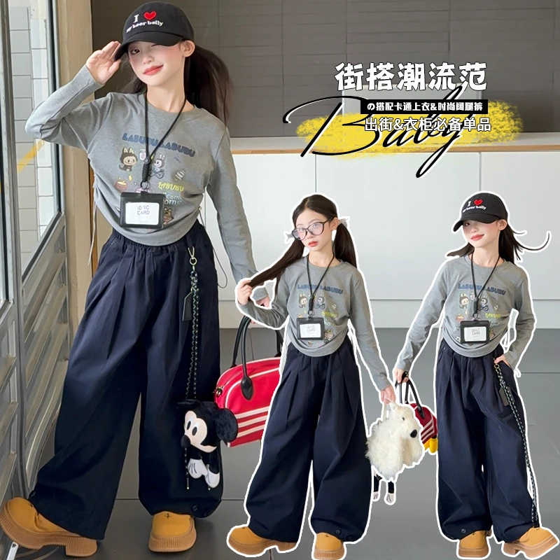 韩版常规休闲风阔腿秋季薄款女童套头套装儿童休闲宽松高腰学院风