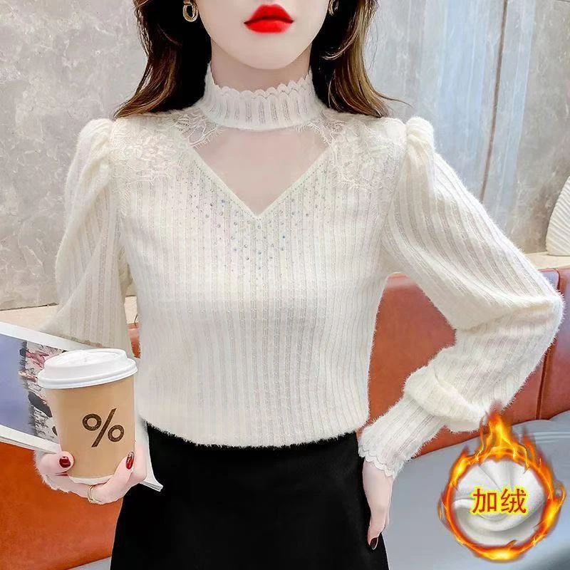 半高领磨毛蕾丝打底衫女时尚设计感上衣秋冬新款洋气高贵小衫
