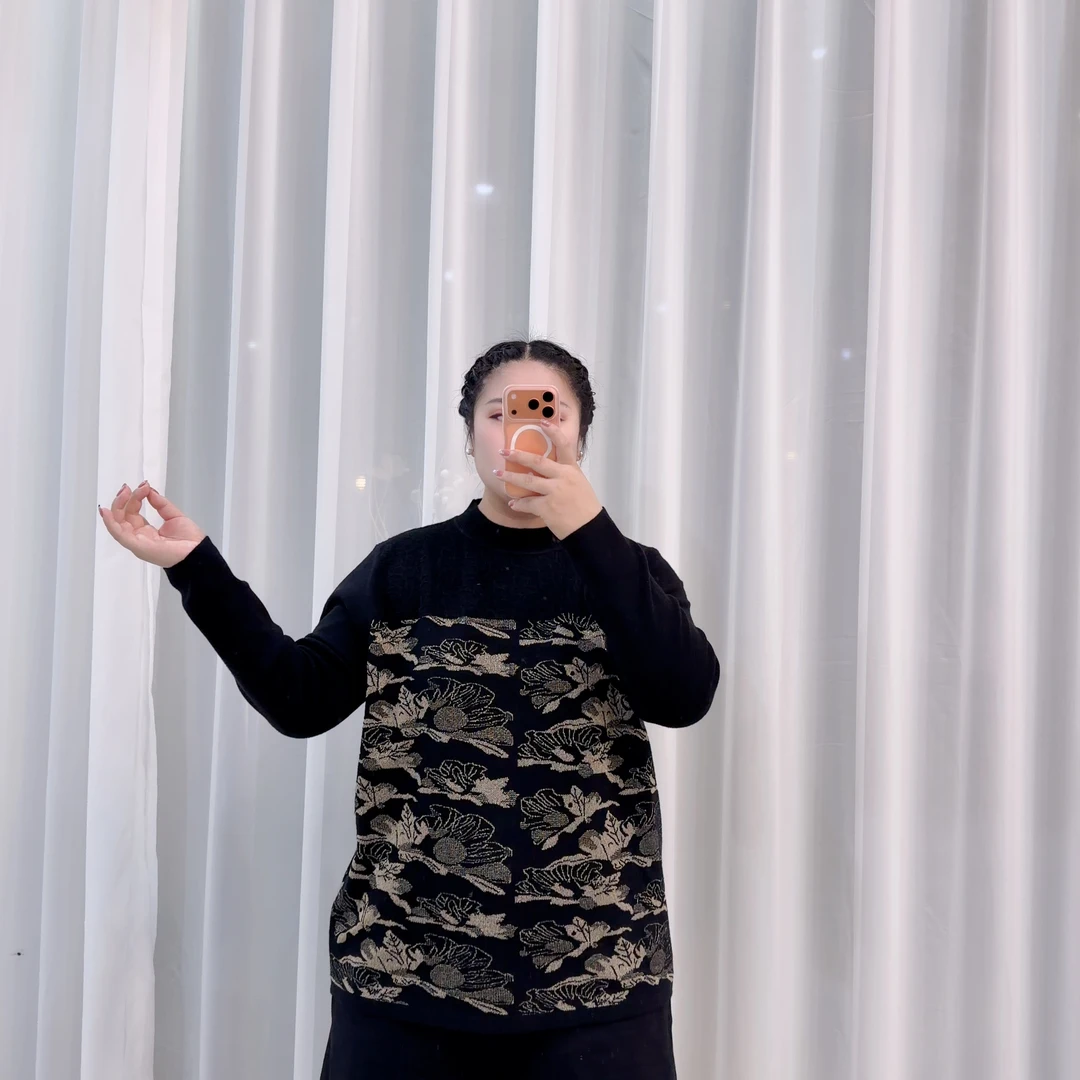 695 黑金中国风提花气质半高领大码轻奢针织打底衫时尚上衣