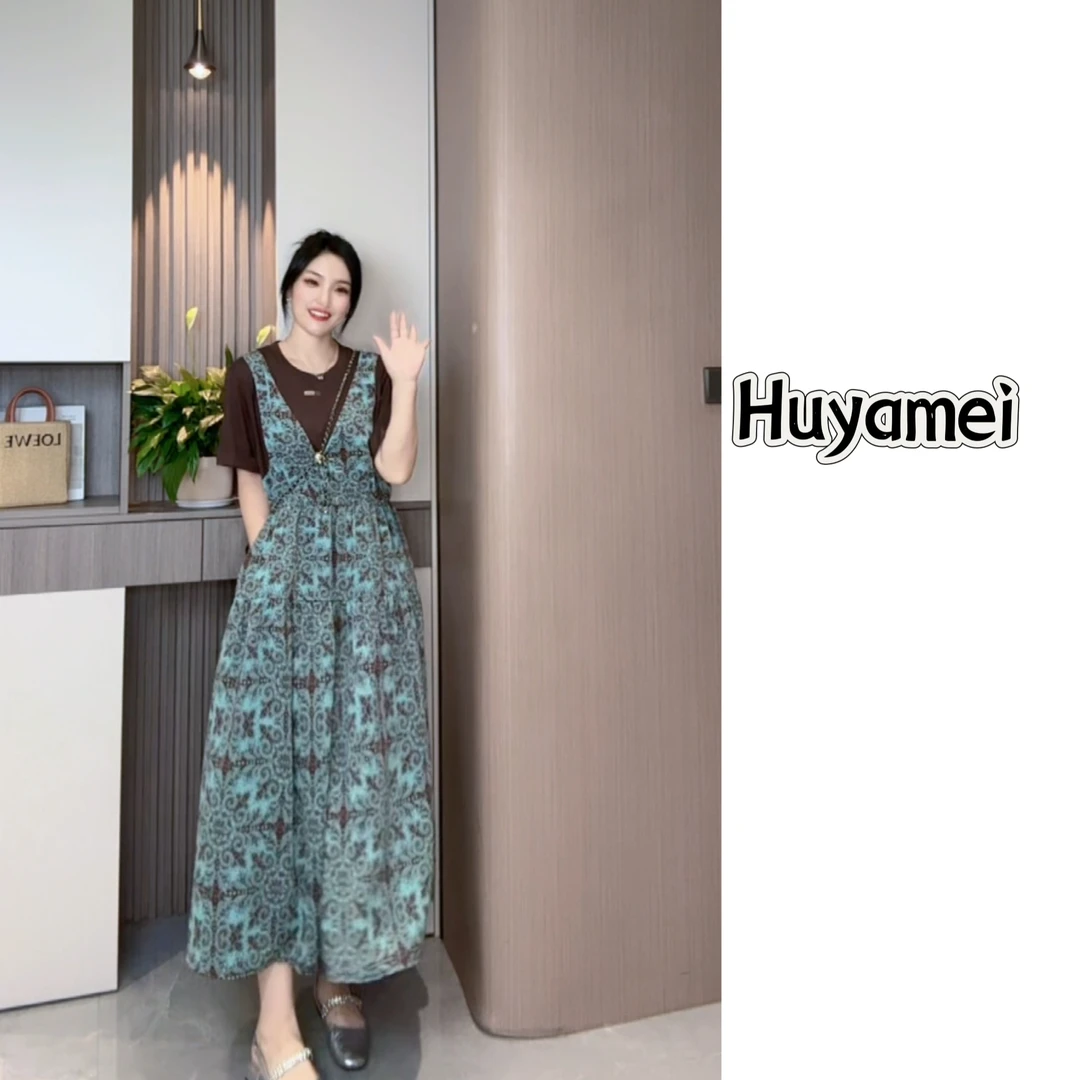 时尚复古收腰显瘦气质减龄长款拼接假两件连衣裙