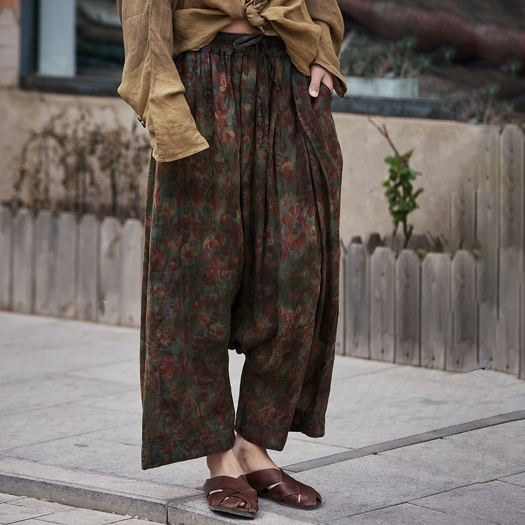 麻依者25夏款苎麻复古做旧印花松紧腰底档宽松休闲垮裤#M-113