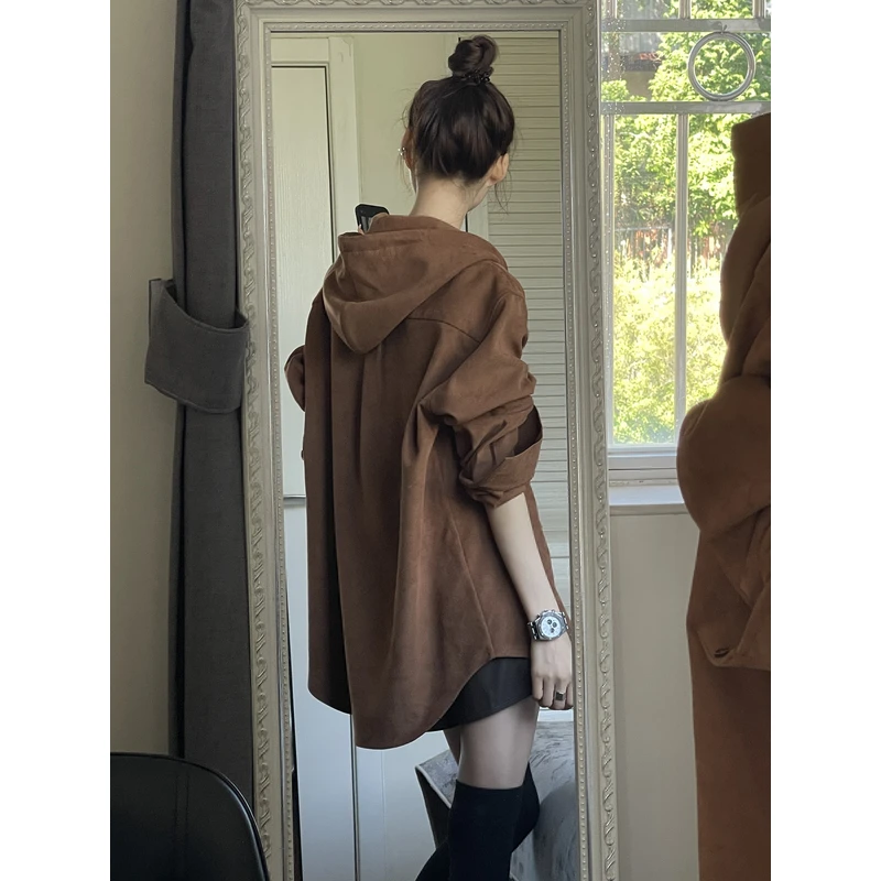 FREEDMST 小众设计枫叶色连帽衬衫外套女灯芯绒秋冬百搭长袖上衣