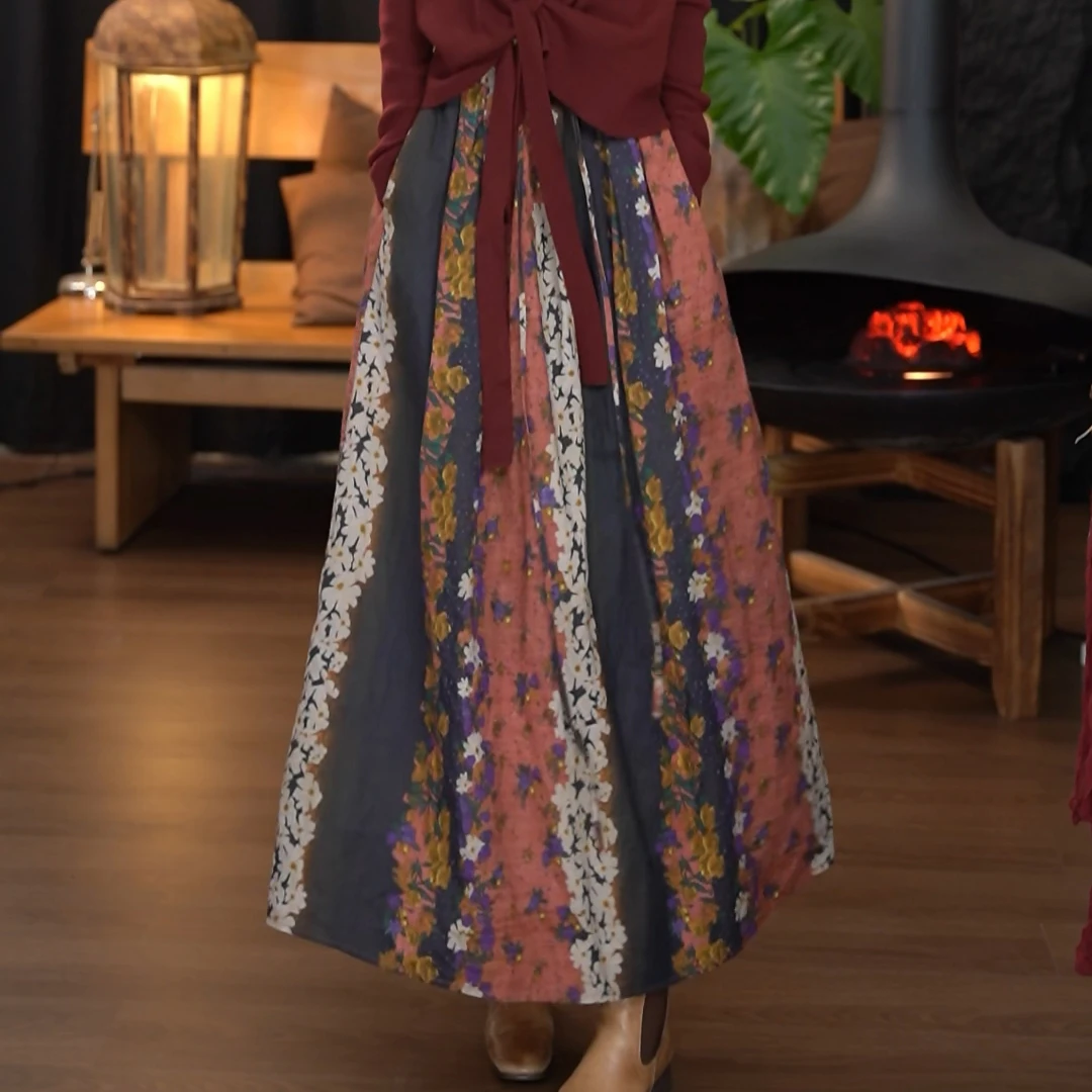 顾玖儿棉麻A字裙竖条复古提花碎花半身裙#9820