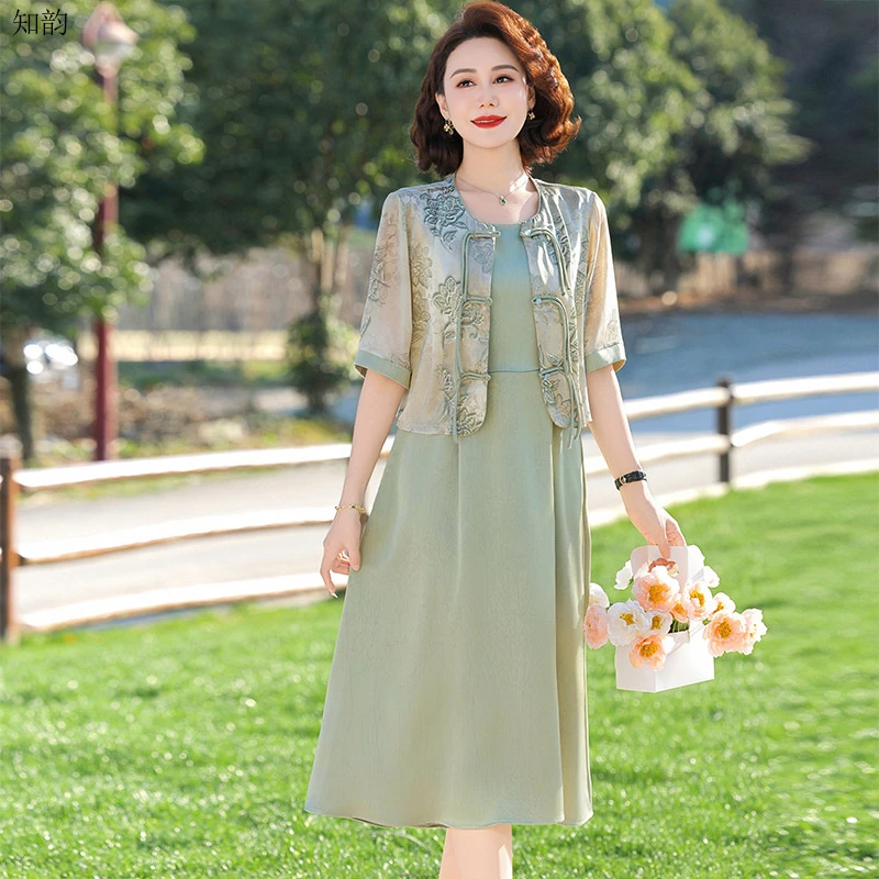 装夏季母亲节连衣裙套装新中式短袖显瘦洋气中老年百塔妈妈装夏季