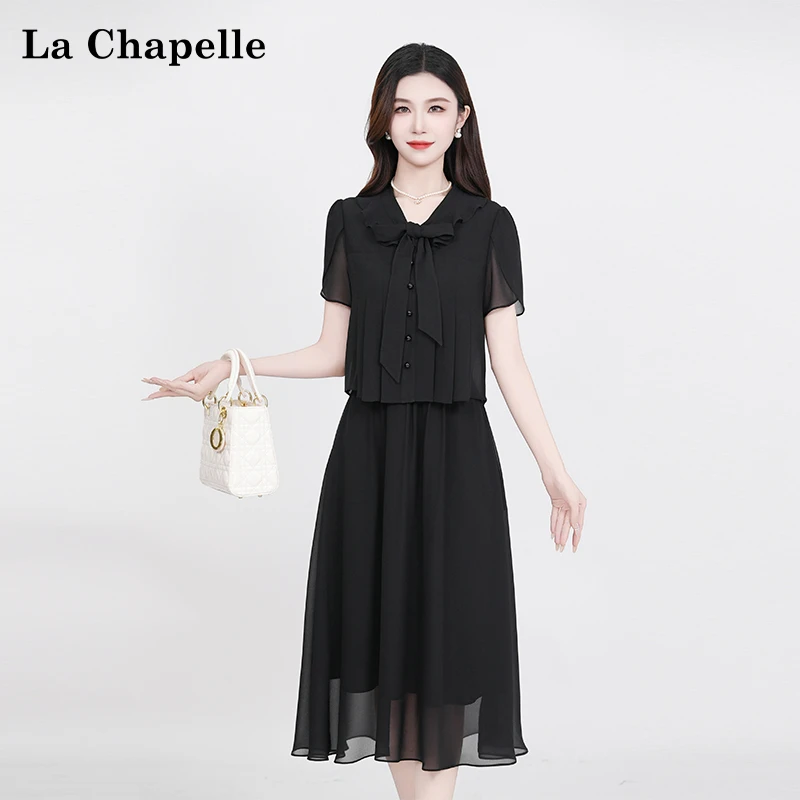 La Chapelle/拉夏贝尔夏季法式蝴蝶结假两件设计感黑色显瘦连衣裙