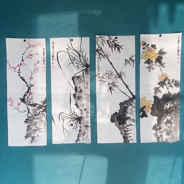 国画手绘四条屏尺寸100*35