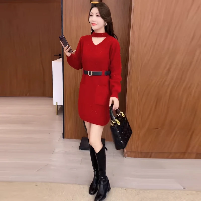 拉夏贝尔设计感时尚针织裙女春秋2025新款收腰显瘦洋气中长A字裙