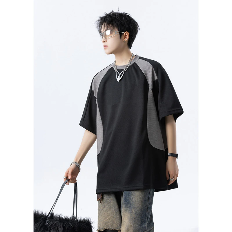 撞色拼接短袖t恤男夏季潮牌美式重磅半袖衣服宽松圆领插肩袖体恤