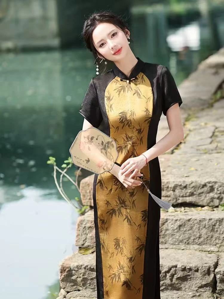 0207 黑色 姜黄拼接 竹叶 【绿竹】  旗袍