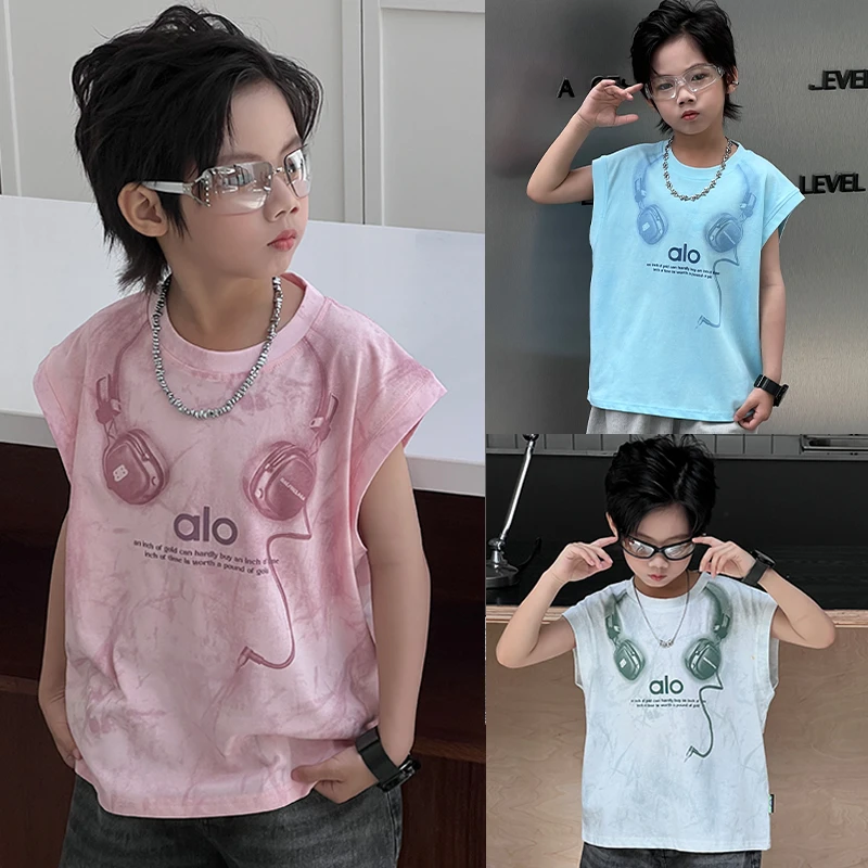 无袖圆领童装短袖背心潮流夏季印花中大童运动休闲韩版网红